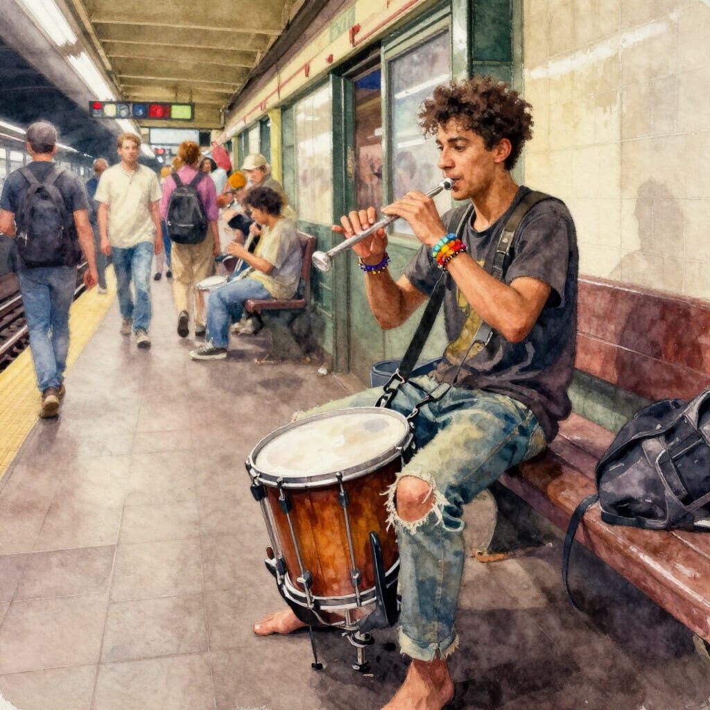 Passionate Street Drummer in Vibrant Subway Station Watercol...