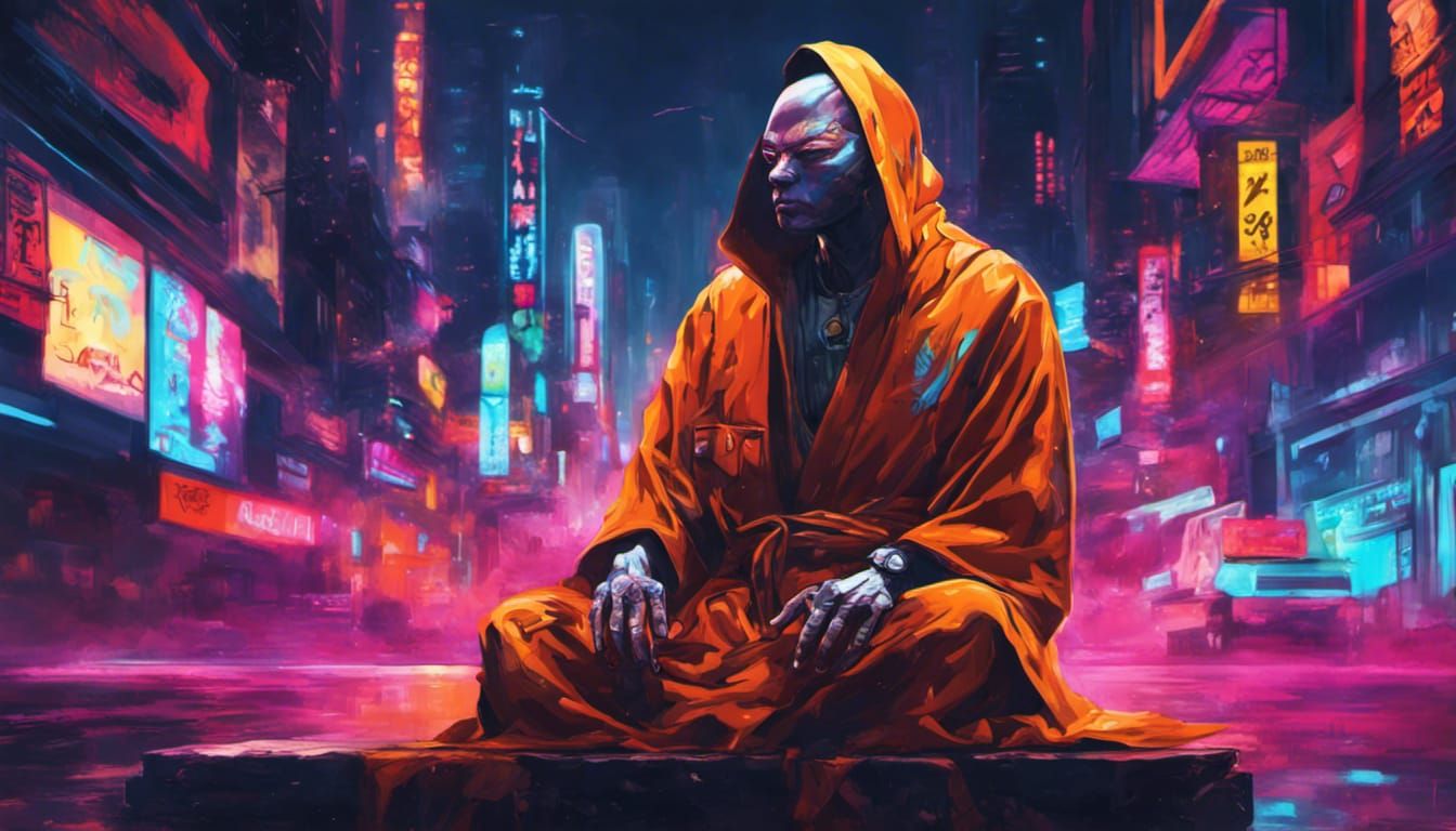 Cyberpunk Monk Meditating in Neon Megacity