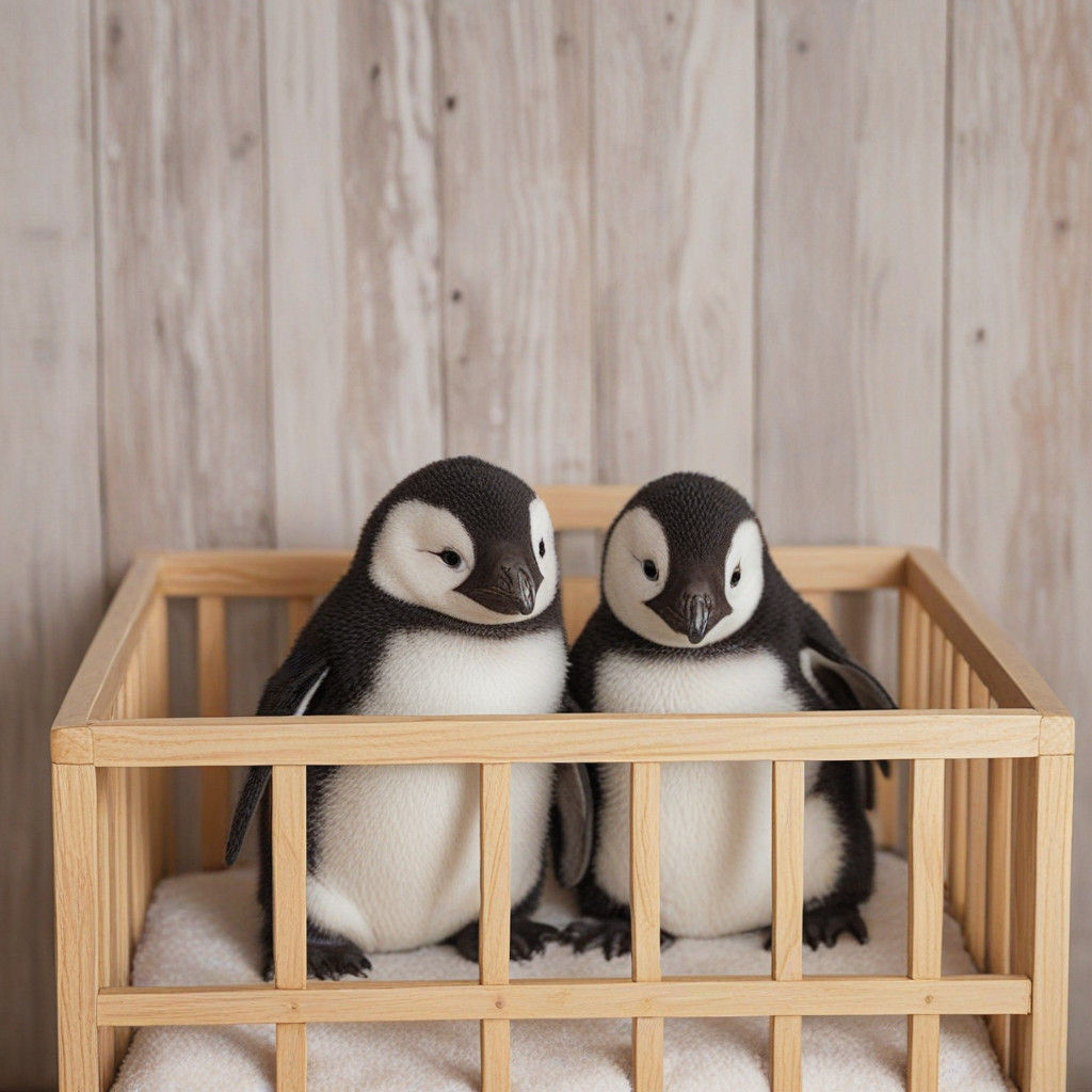 Whimsical Portrait of Two Adorable Penguins in a Cozy Wooden...