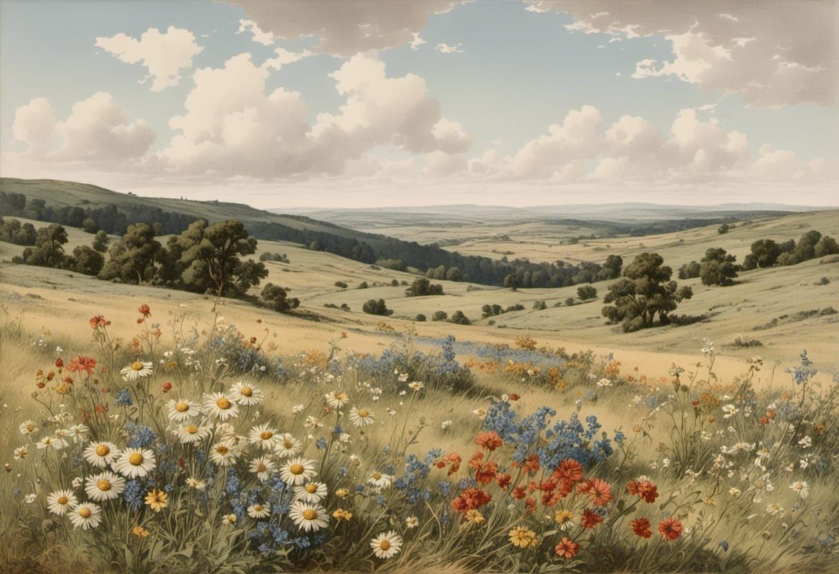 Vintage Landscape of Wildflowers and Foothills