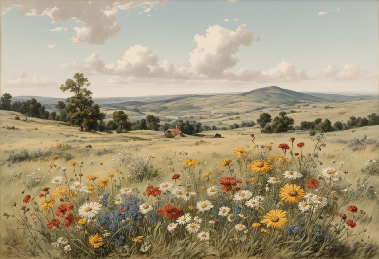 Vintage Landscape with Wildflowers and Foothills