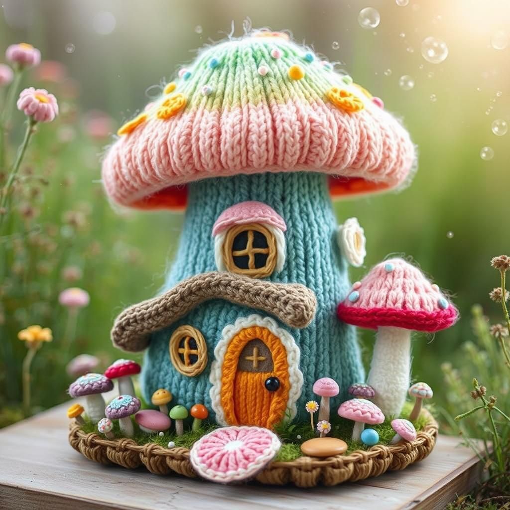"Realistic knitted crochet amigurumi woolly mushroom house with big beady eyes; cute little mushroom house with complete...