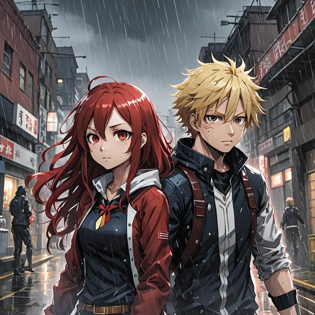 Anime Girl and Blond Man in Rain, Manga Style