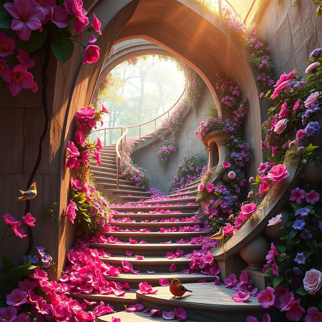 Surreal Springtime Staircase Unfolds into Vibrant Bloom
