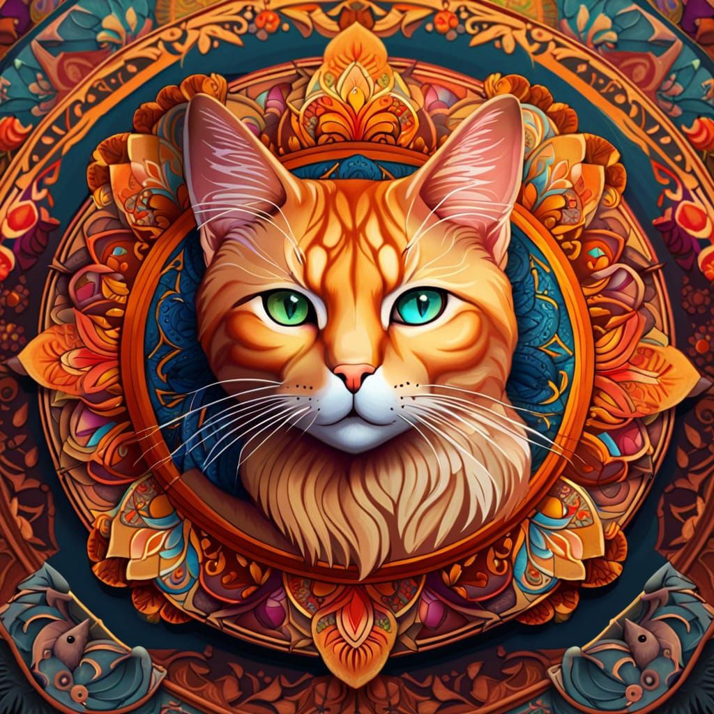 Detailed Cat Mandala in Vibrant Digital Art Style