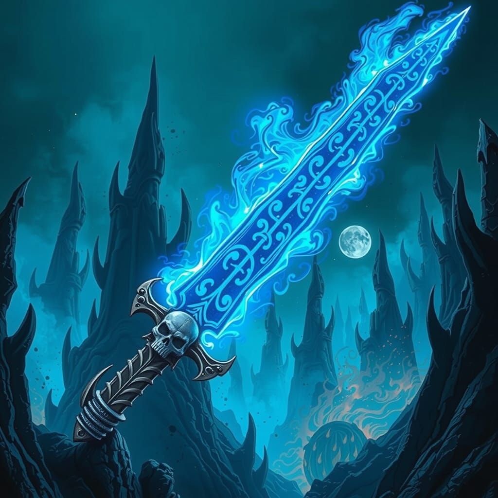 Ethereal, Electric Blue Sword in Dark, Gothic Horror Style