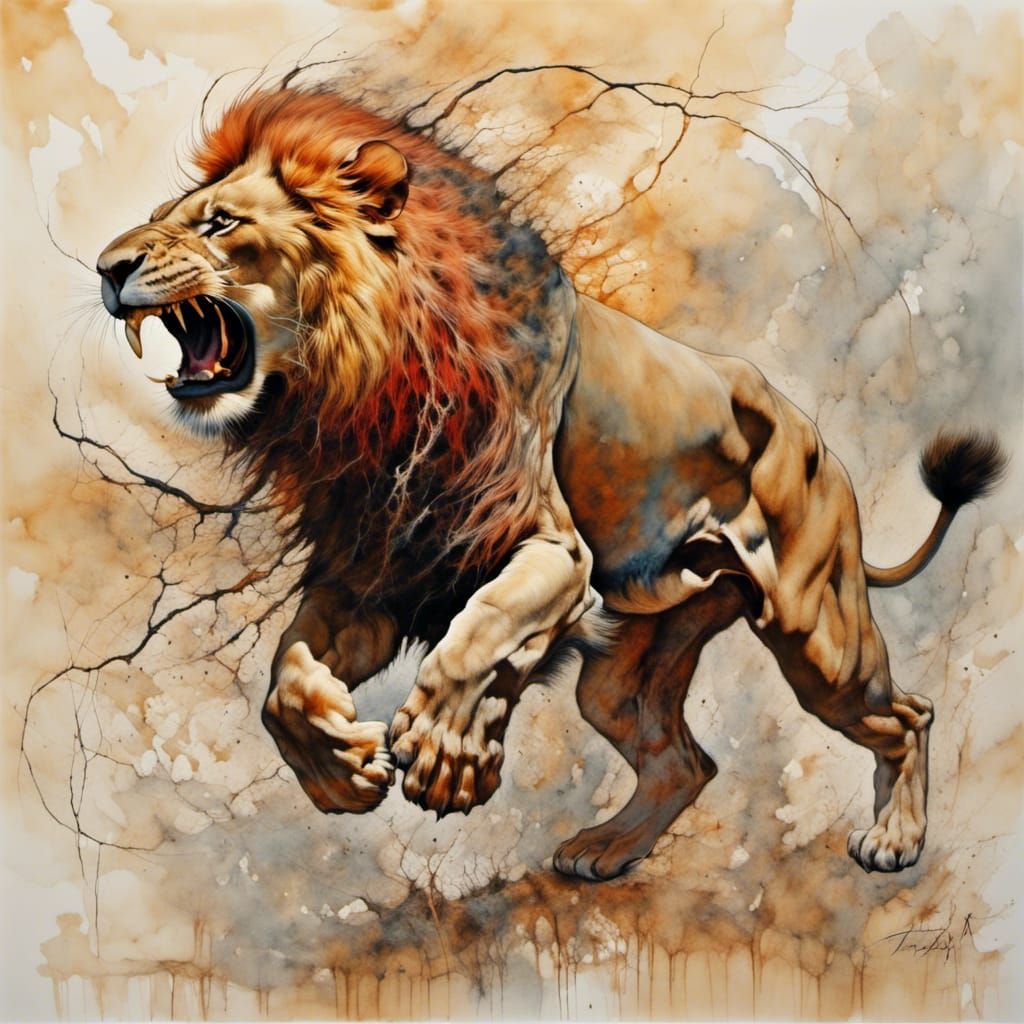 Roaring African Lion Leaping on Serengeti