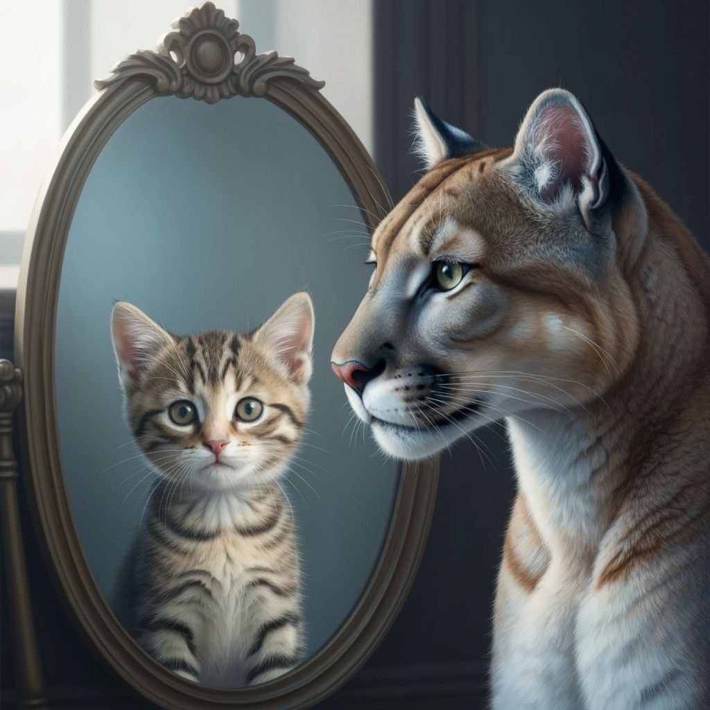 Cougar Sees Kitten Reflection in Ornate Mirror