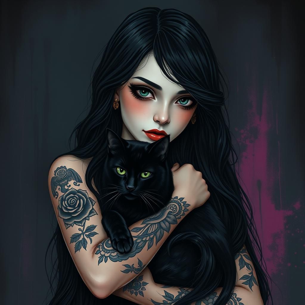 Goth Girl with Black Cat in Dark Fantasy Style