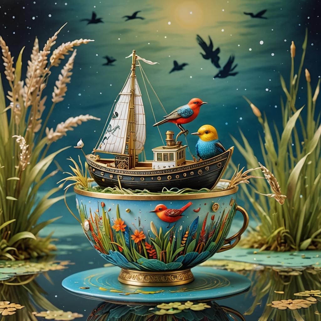 Magical Birds Diorama in Art Nouveau Style