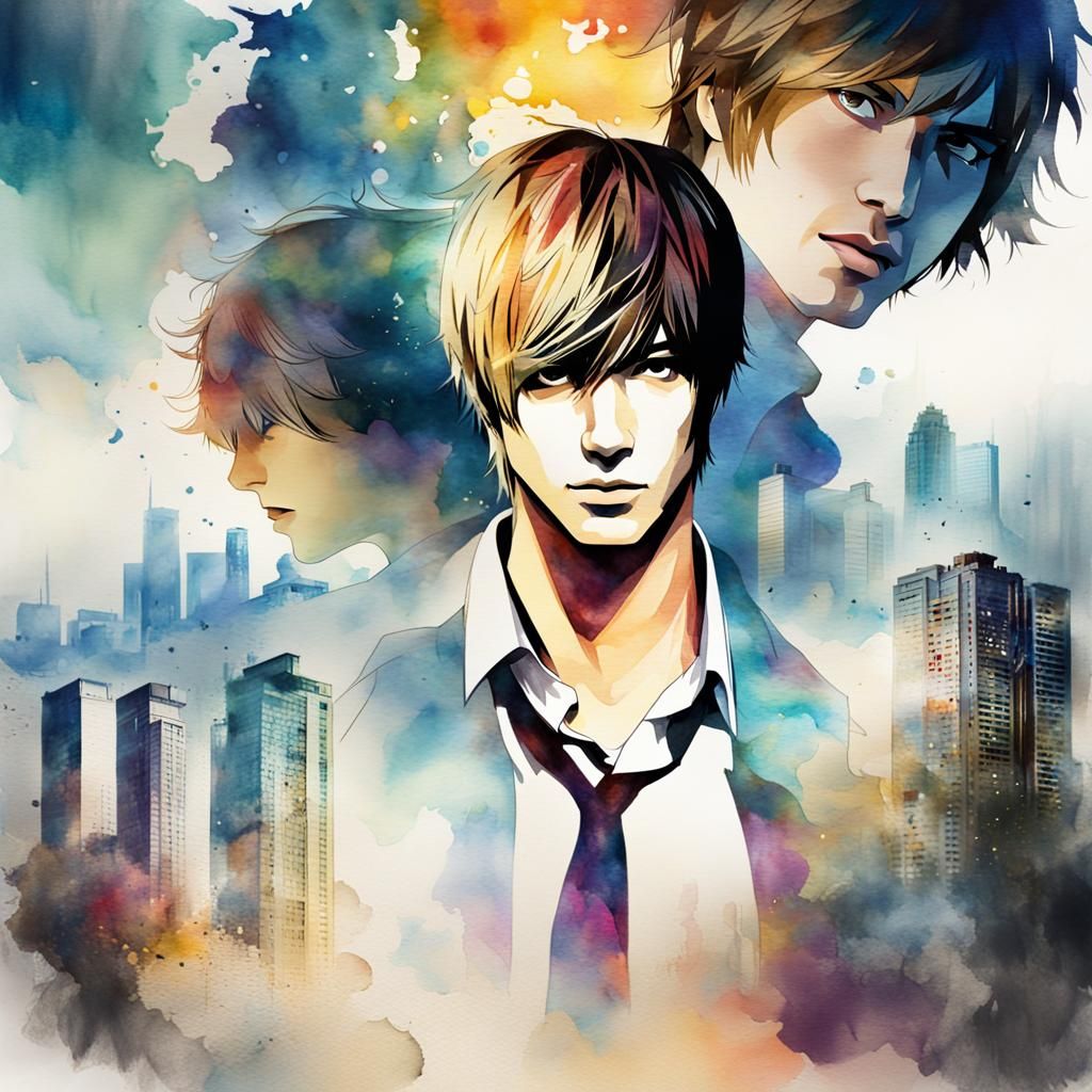 City Sunset Portrait with Angels in Watercolor Style