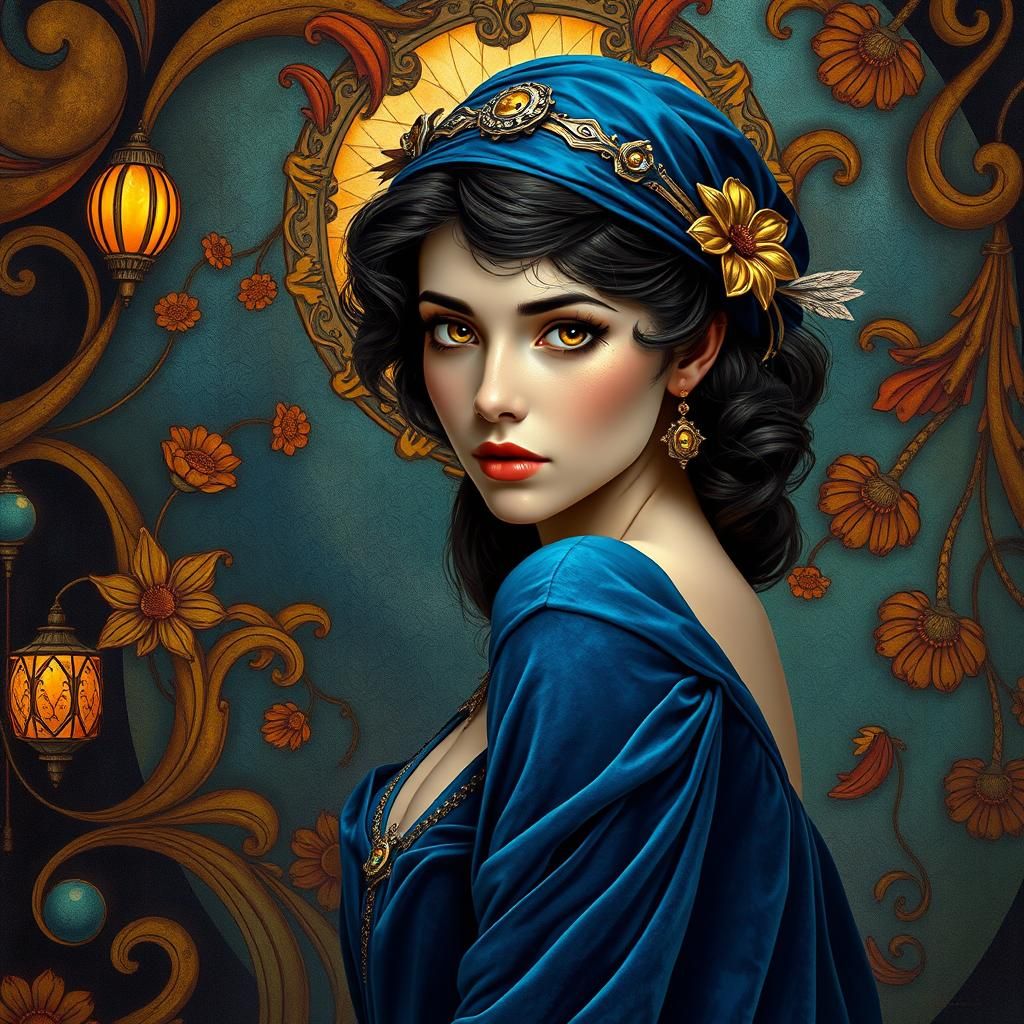 Enchanting Woman in Art Nouveau Style Gown