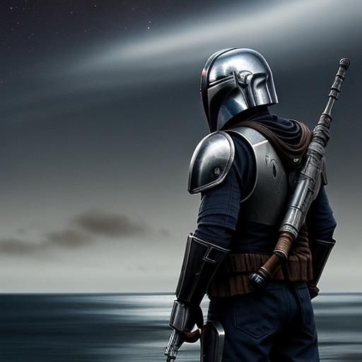 Mandalorian Warrior in Silver Armor at Night