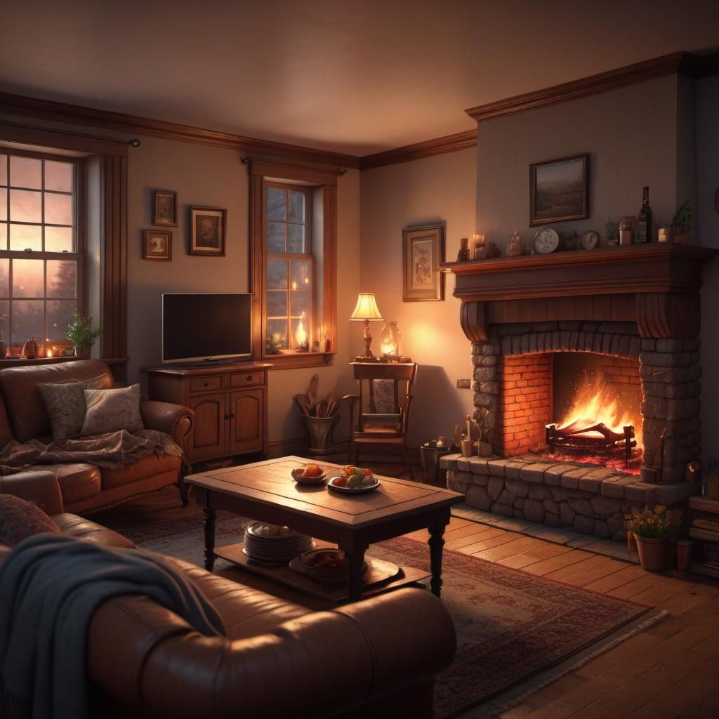 A quiet evening in a cozy living room, with a crackling fire in the fireplace and the sound of laughter from the kitchen...