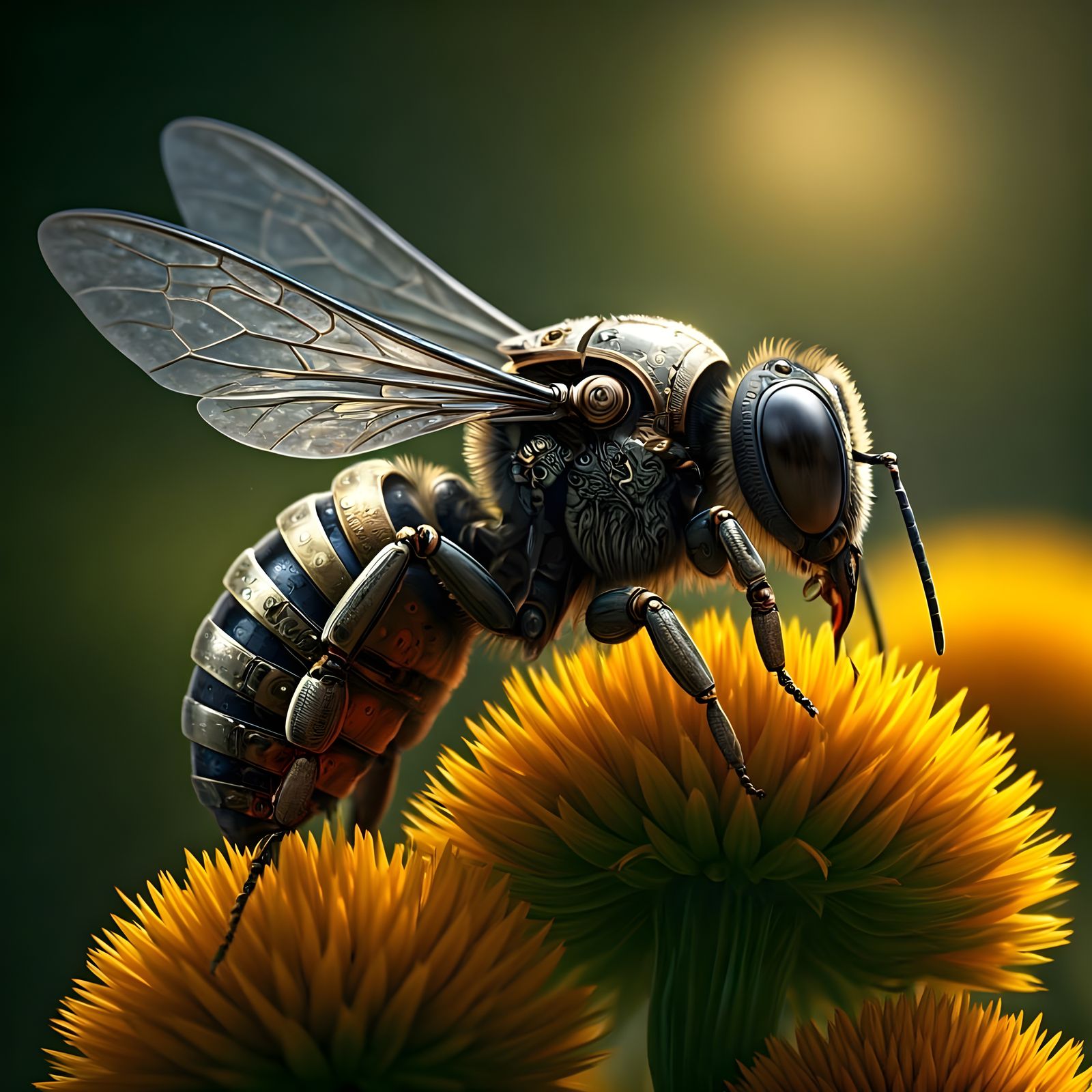 Steampunk Bee Collecting Nectar in Sunlight