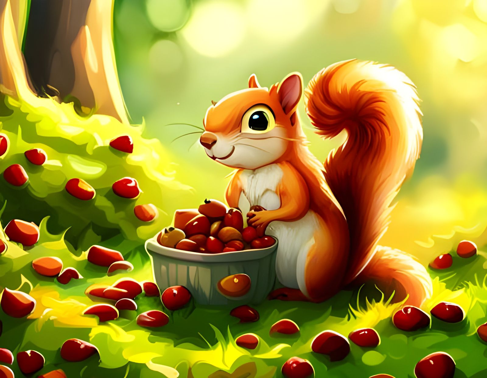 Cute Squirrel with Acorns in Ghibli Style