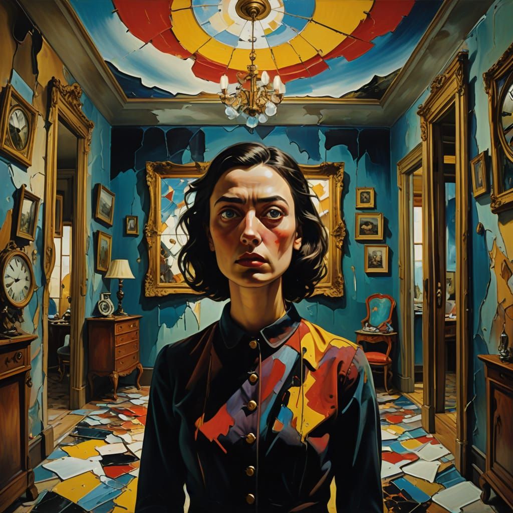 Surreal Oil Painting of a Fractured Woman in a Distorted Roo...