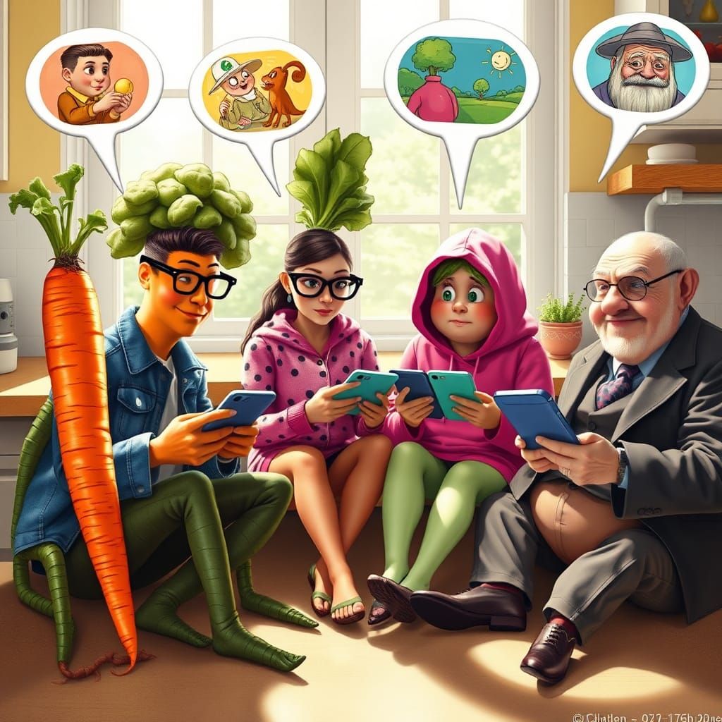 Anthropomorphic Vegetables Create AI Art in Kitchen