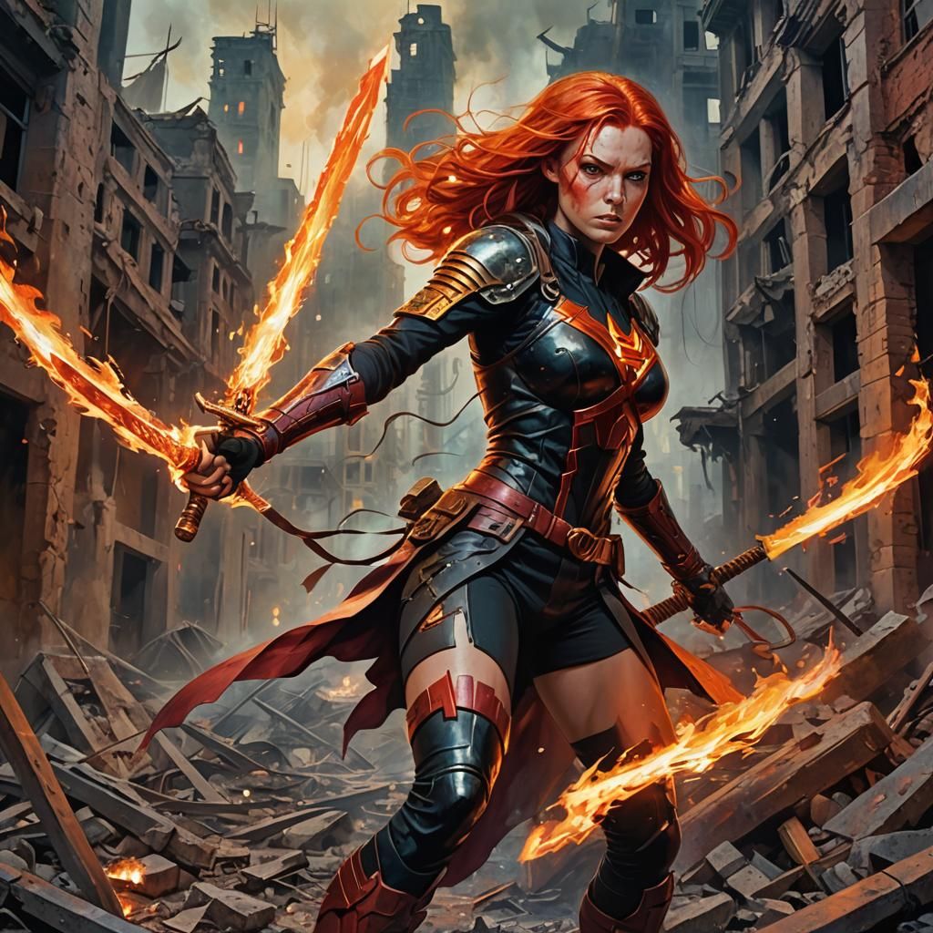 Fiery Superheroine in Dystopian Sci-Fi Ruins