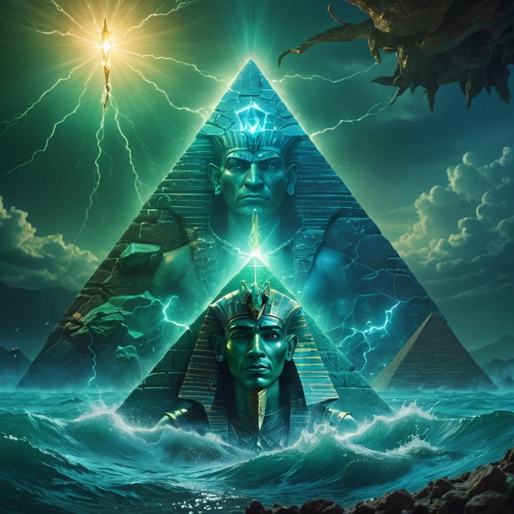 Underwater Pharaoh Portrait with Trident and Pyramid