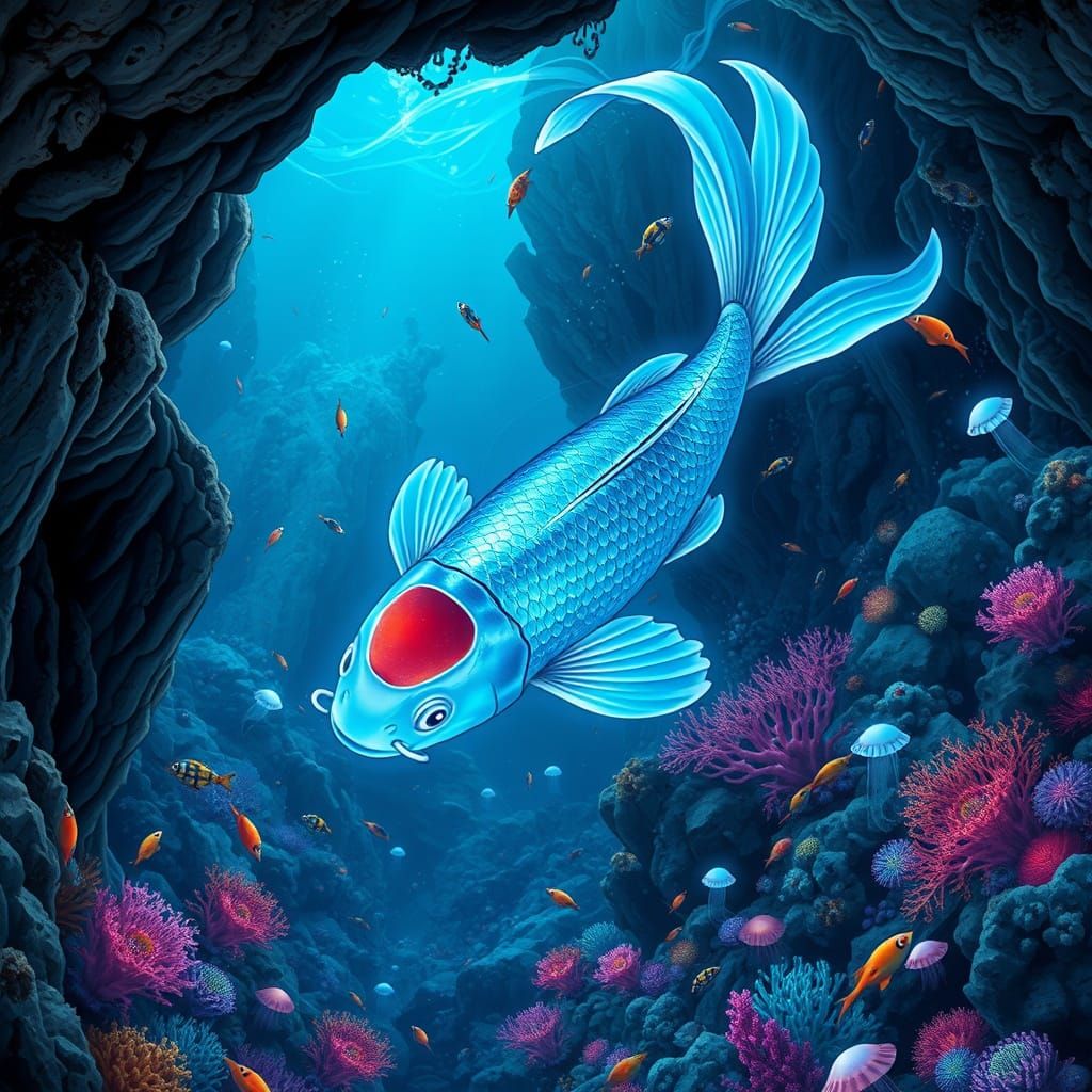 Surreal Bioluminescent Koi Fish in Enchanted Underwater Cave