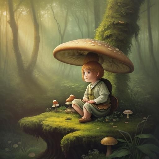 Baby Muld on Mushroom: Whimsical Watercolor Illustration