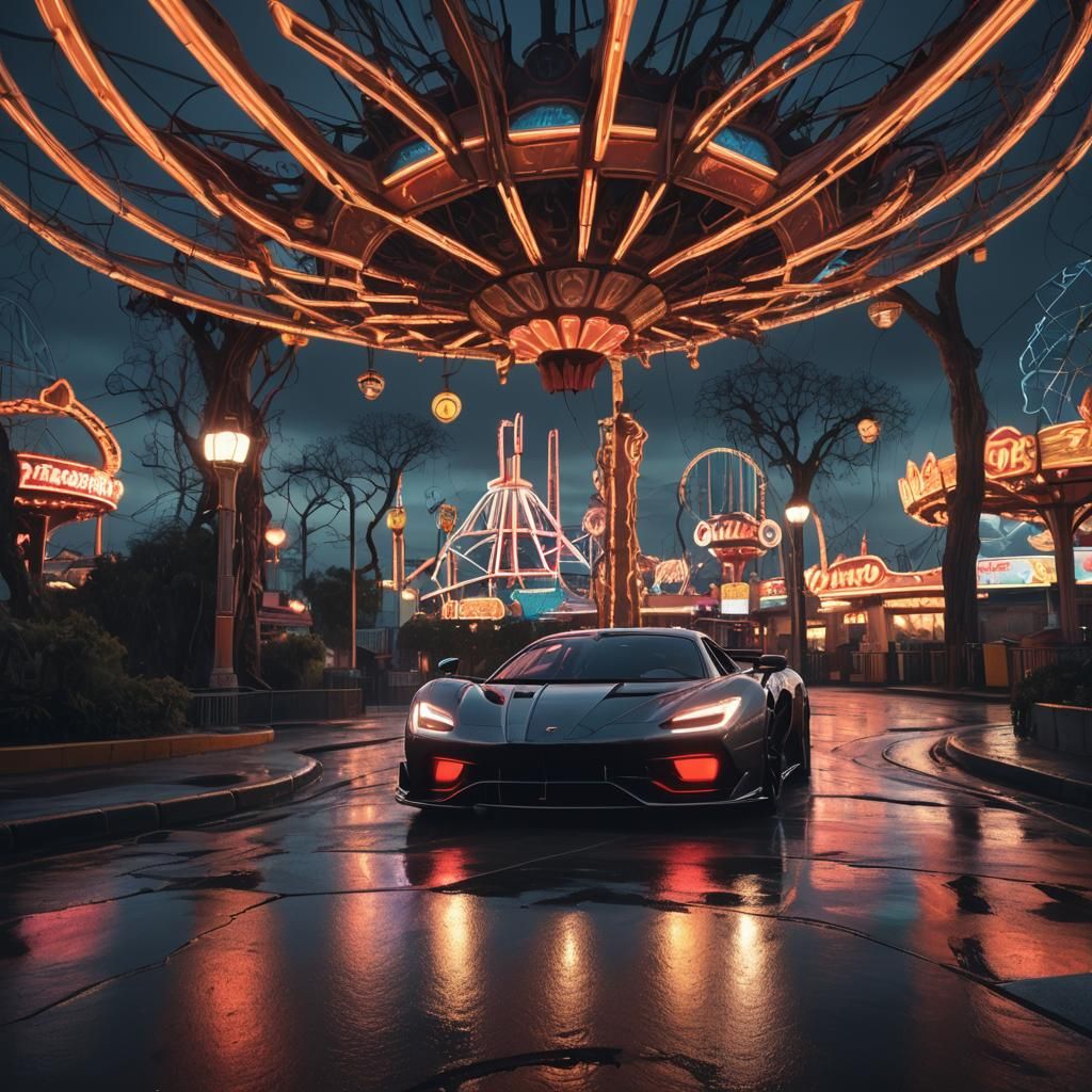 Neon-Lit Hypercar Race in Dystopian Luna Park
