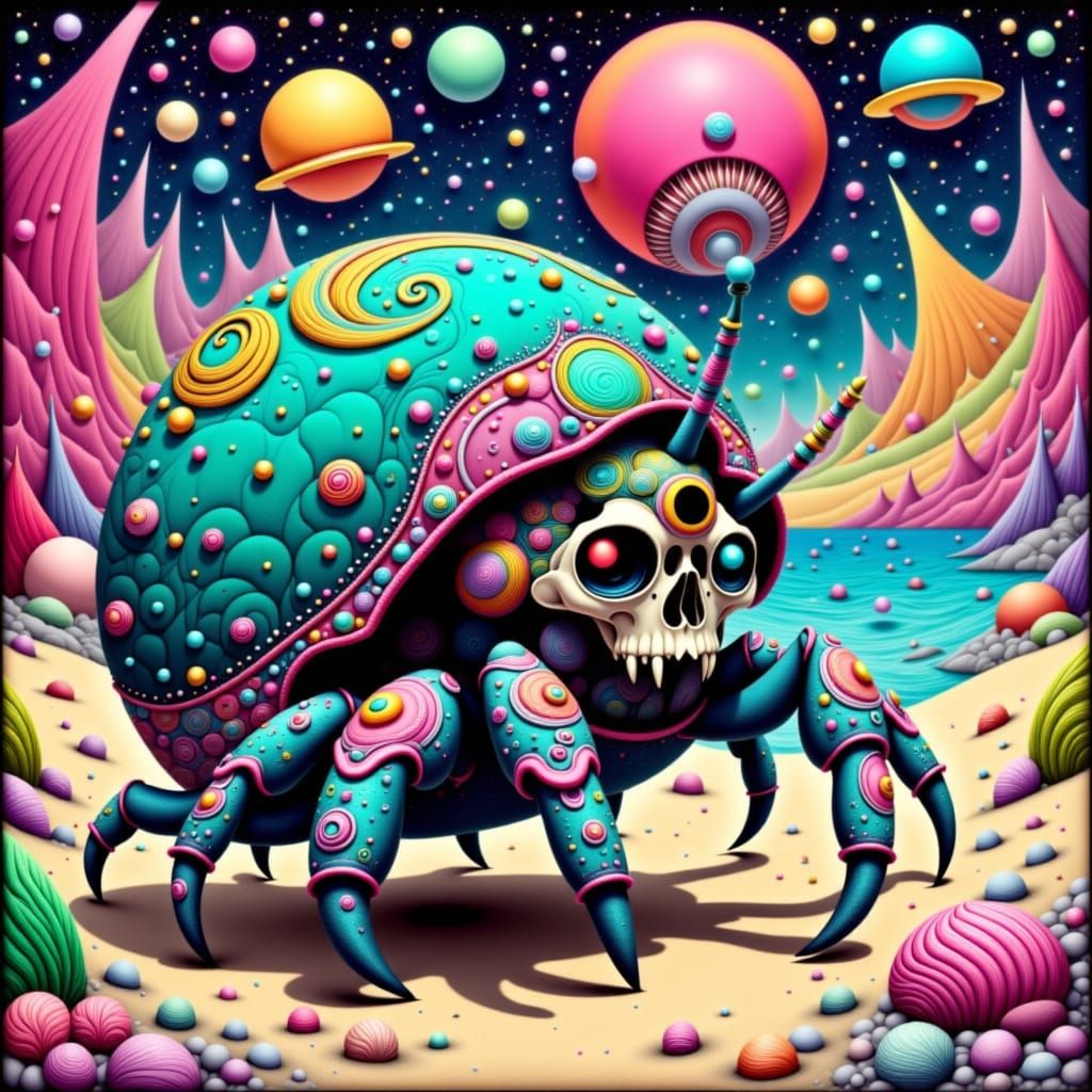 Psychedelic Hermit Crab in Skull Shell on Beach