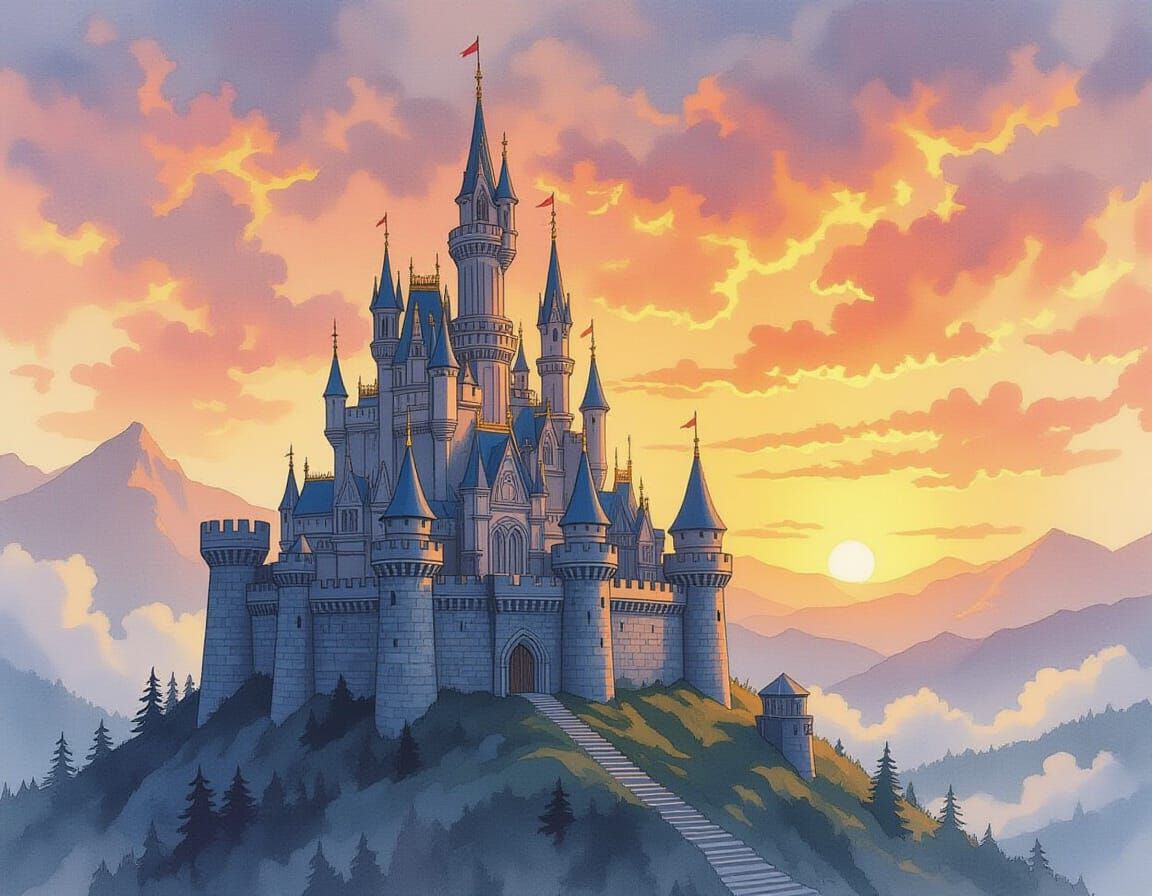 Pencil Castle on Misty Hill at Sunset