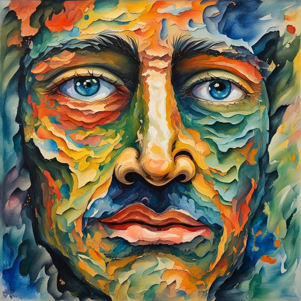 Abstract Face with Intense Eyes in Gouache Style