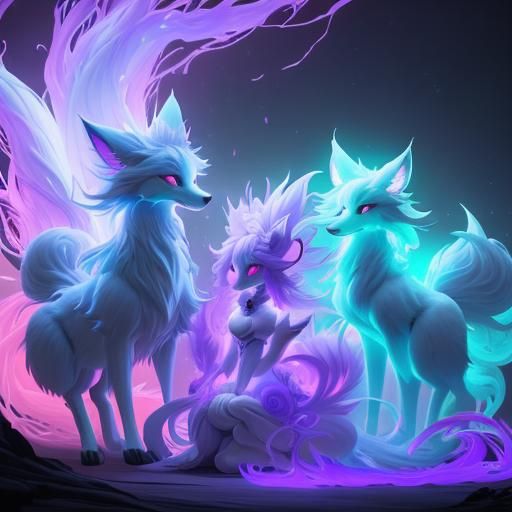 Mystical Nine-Tailed Foxes with Glowing Auras