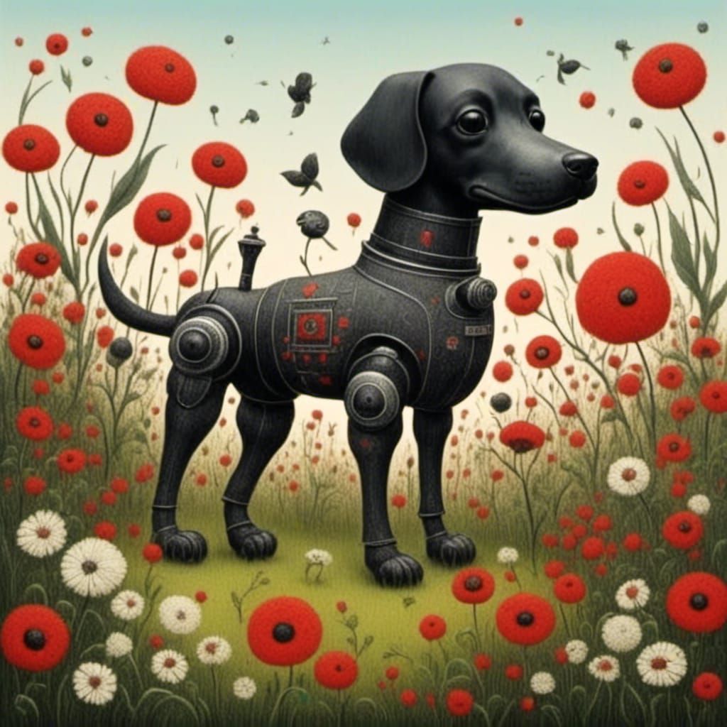 Cute Robot Dog in Medieval Flower Garden