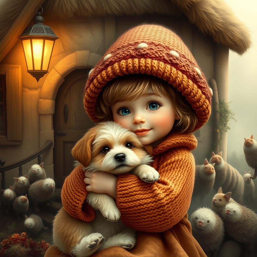 Toddler and Dog in Kinkade-Inspired Cottage Scene