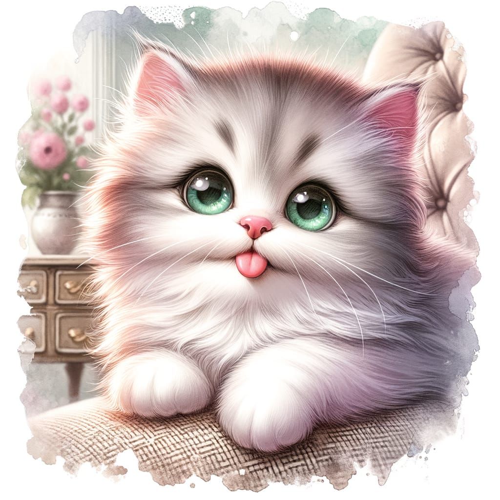 Cute Kitten Lounging in Chair with Watercolor Textures