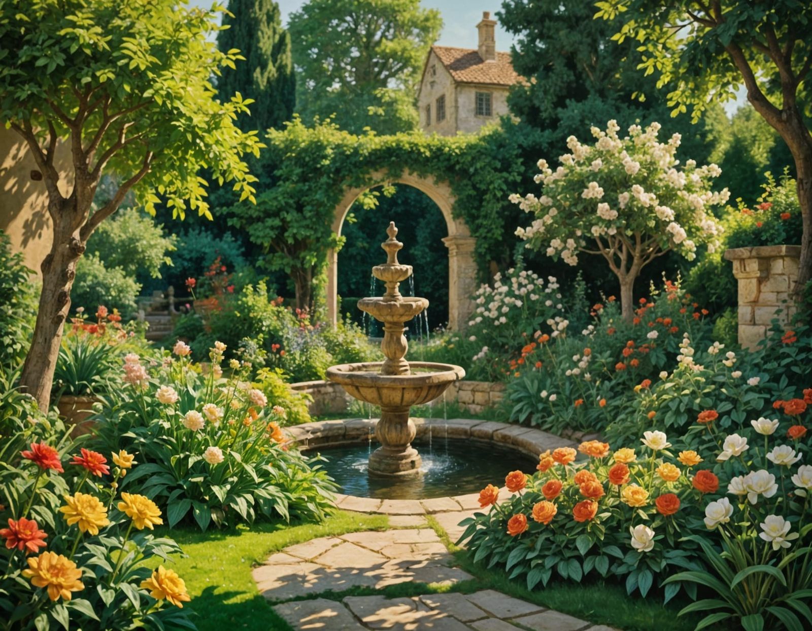 Medieval Garden Scene in Pre-Raphaelite Style