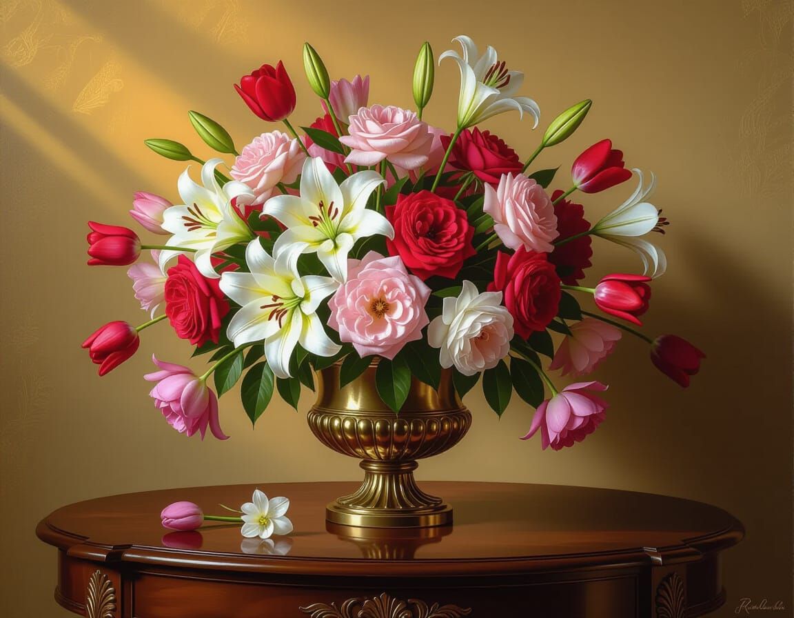 Hyperrealistic Still Life with Flowers in Antique Vase