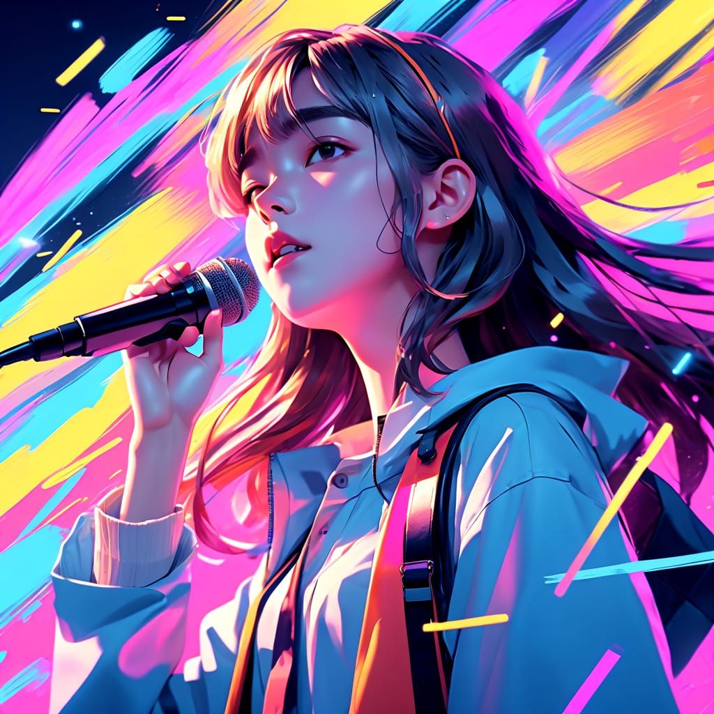 Vibrant Anime Singer on Stage in Dynamic Lighting