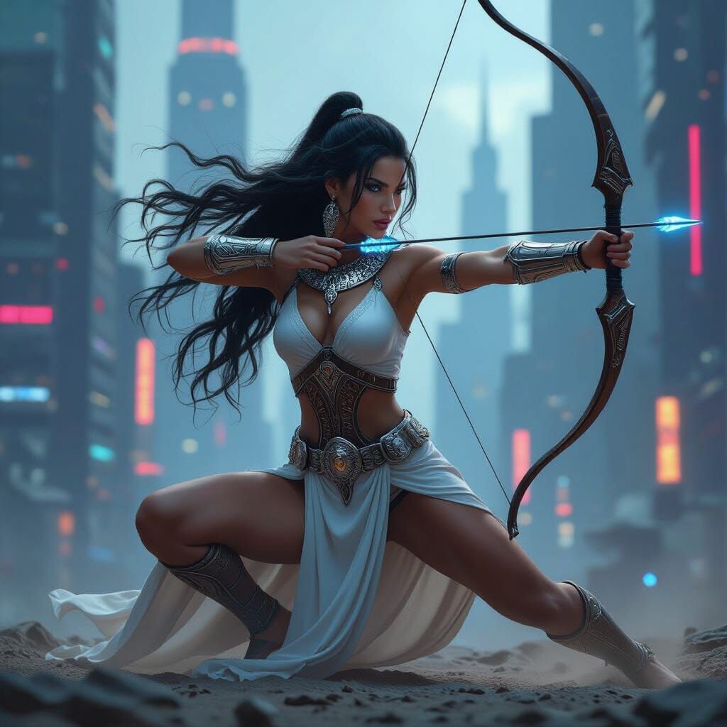 Futuristic Warrior Goddess Archer in Cyberpunk City