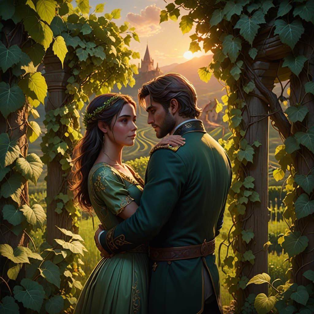 Ethereal Vineyard Romance in Vibrant Oil Painting Style