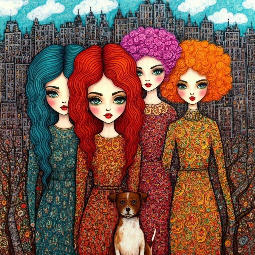 Whimsical Ladies in a Doodle City, Pop Surrealist Art