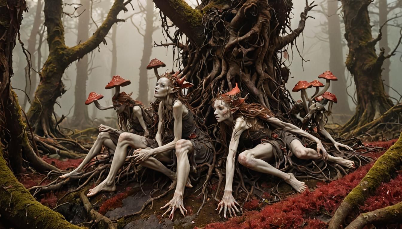 Dark Whimsy Horror Faeries in a Twisted Red Moss Glade