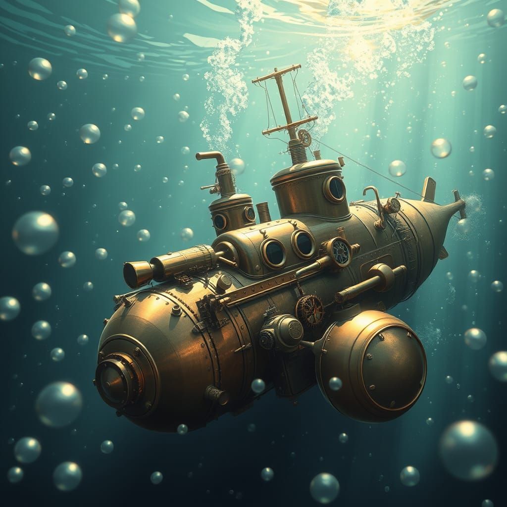 Steampunk Submarine Navigates Shimmering Bubble Ocean