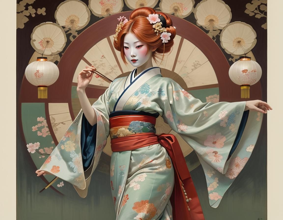 Geisha Dance in Japanese Garden, Art Nouveau Style