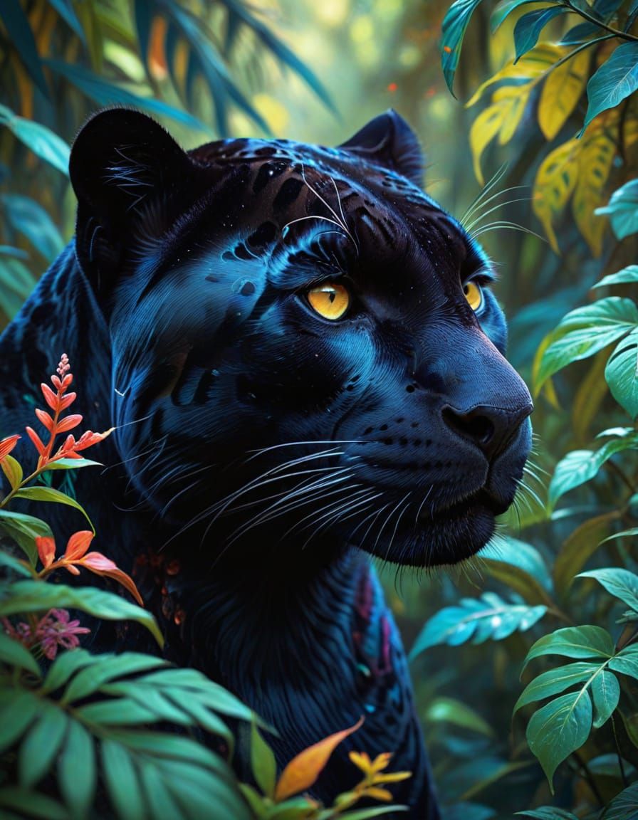 Surrealist Black Panther in Vibrant Dreamlike Landscape