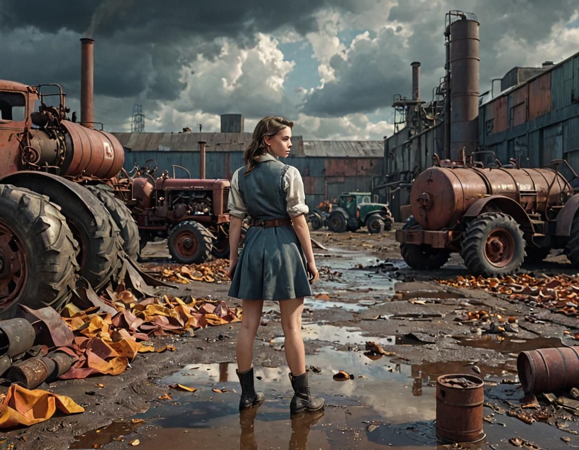 Dieselpunk Girl in Industrial Factory with Tractor