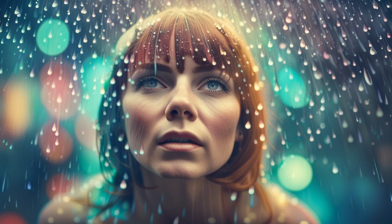 Rain on Woman's Head in Psychedelic Style