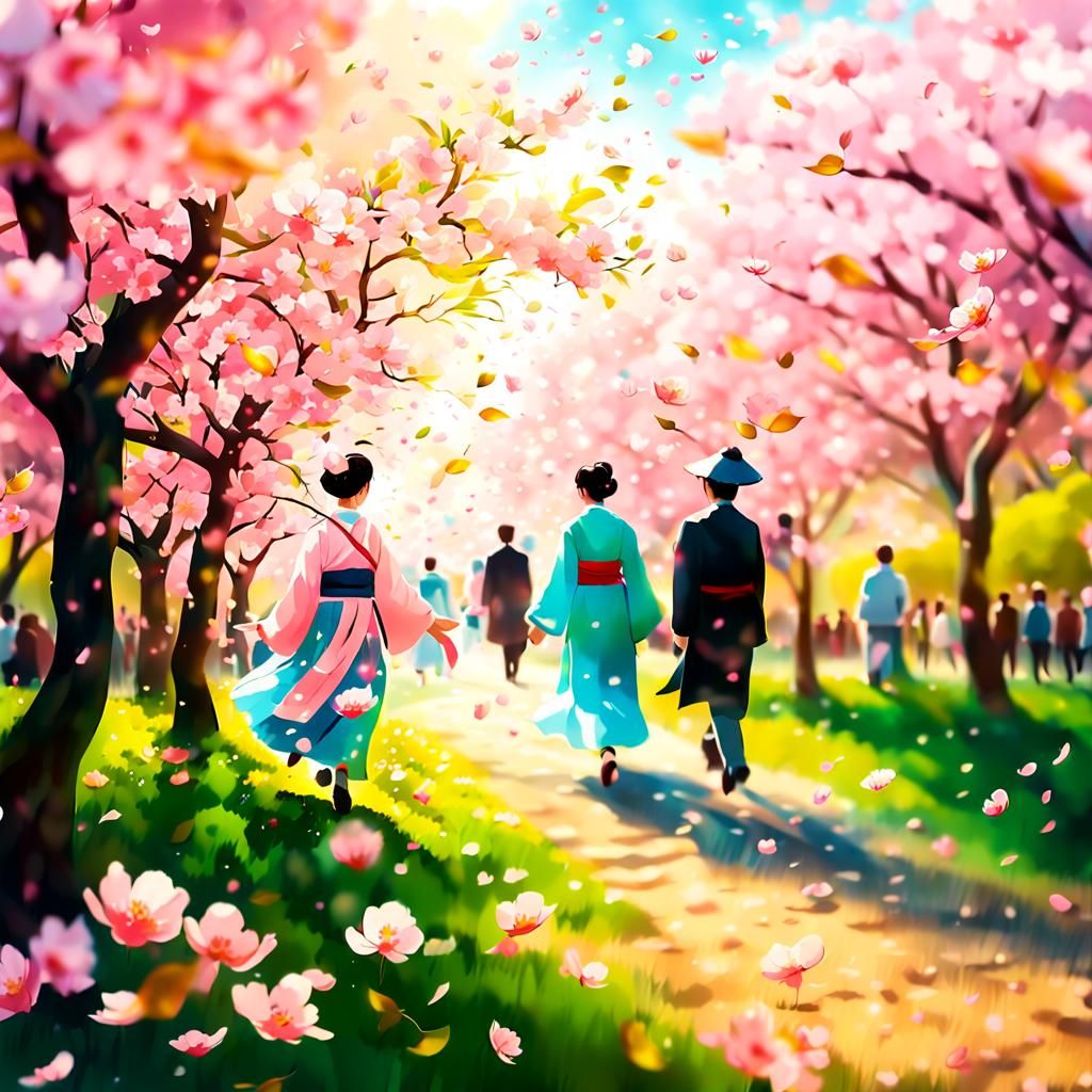 Serene Surrealist Garden with Cherry Blossoms