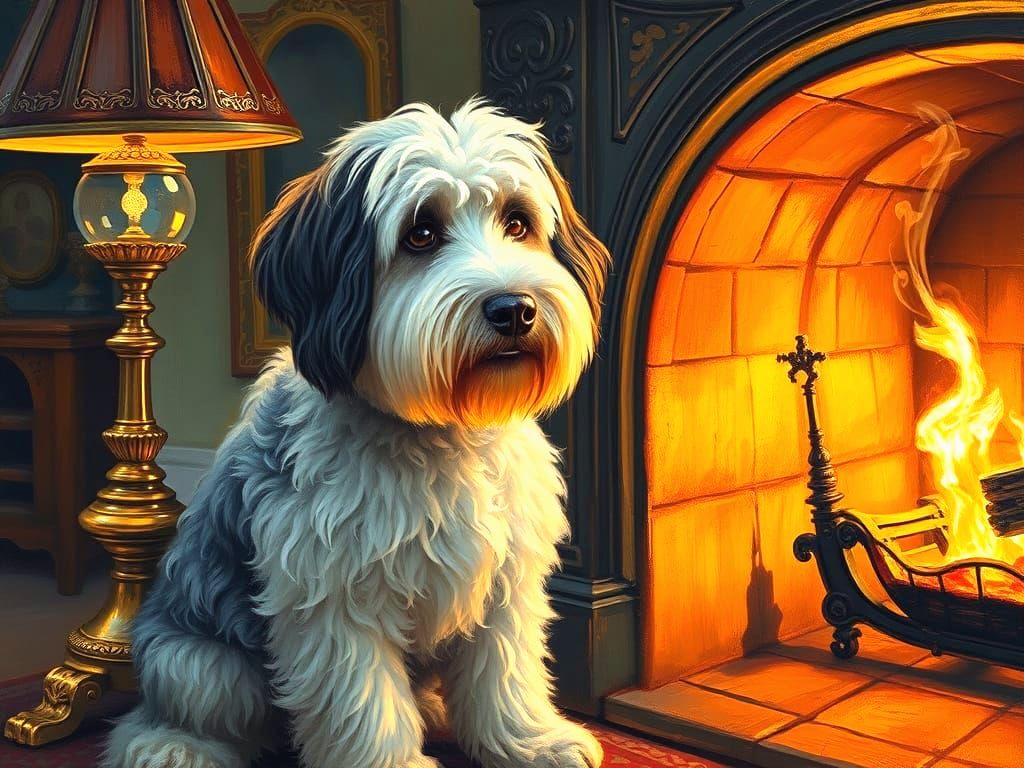 Fluffy English Shepherd Dog by Fireplace