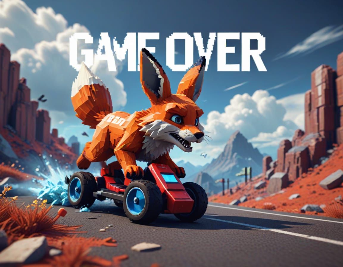 Fox on Scooter with Pixelated Skid Marks