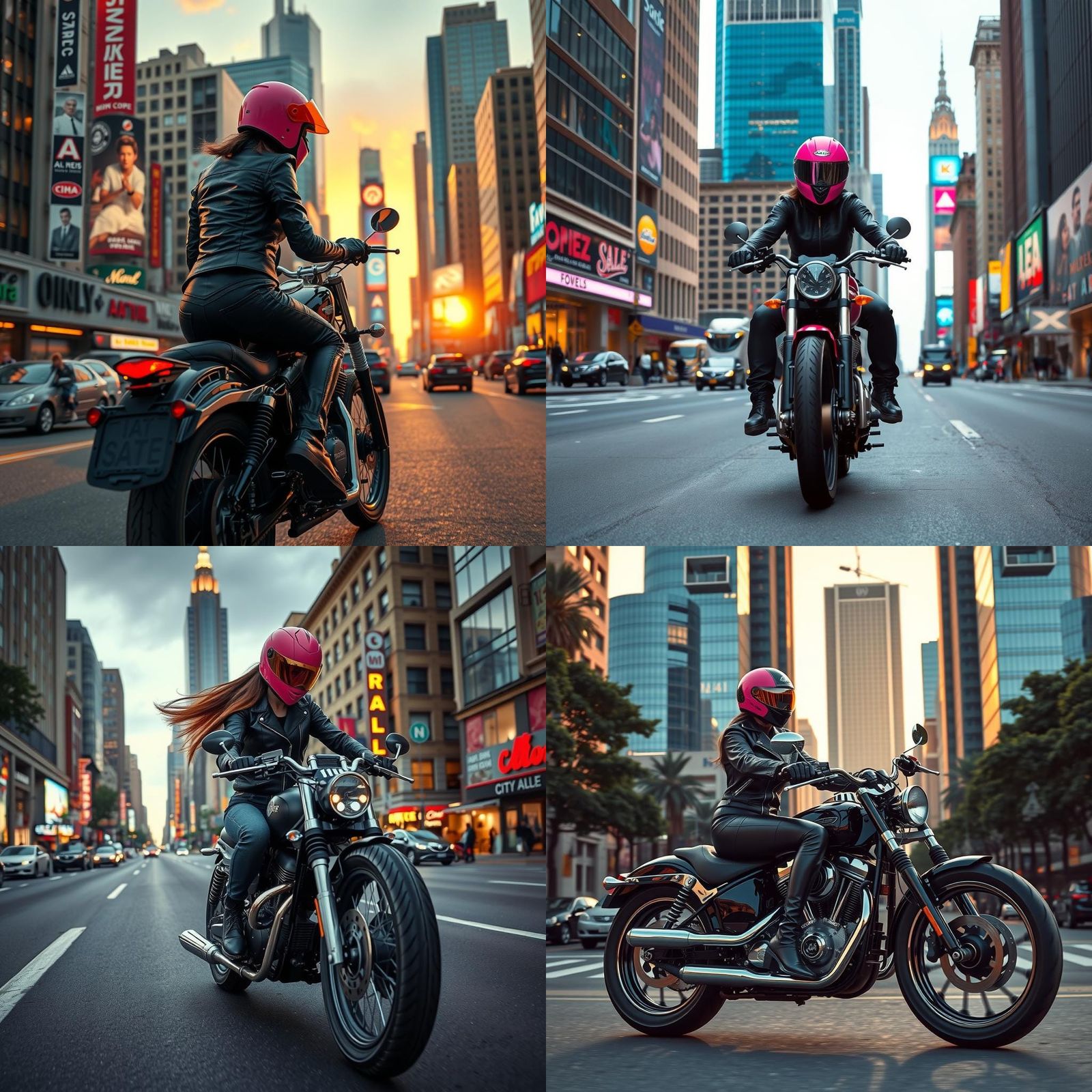 Female Biker in Cityscape, Hyperrealistic Style